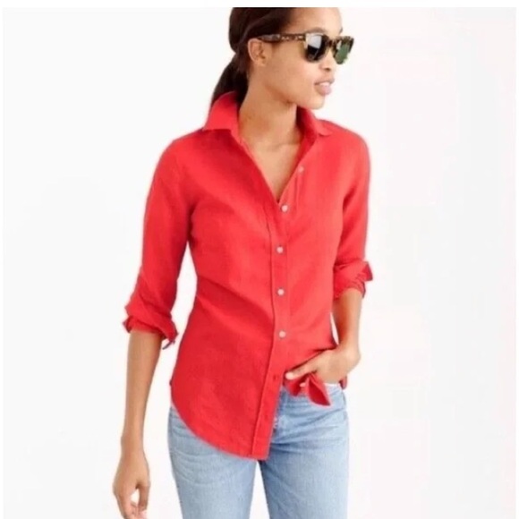 J. Crew Tops - J. Crew Coral Linen Blend Long Sleeve Perfect Shirt size 8